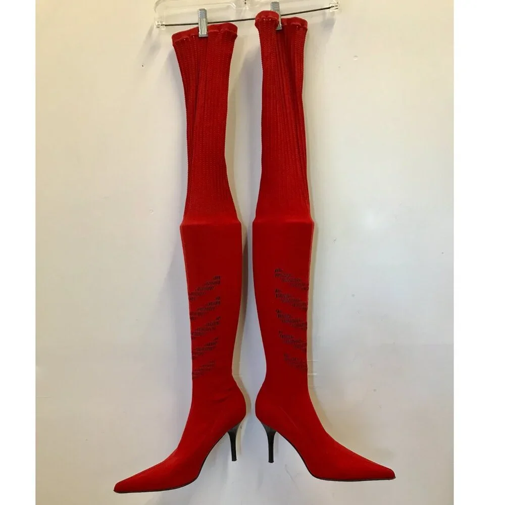 Donald J Pliner Elektra Tomato Red Crepe Elastic Over The Knee Boots RARE - Picture 8 of 10